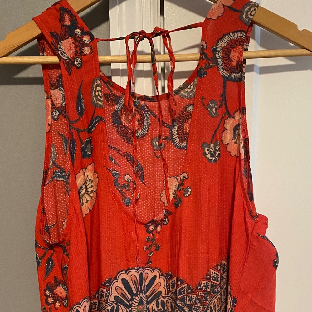 FREE PEOPLE Sleeveless Red Floral Midi Dress with Floral Border